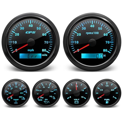 ARTILAURA 6 Gauge Set-GPS Speedometer, Tachometer, Fuel Level, Water Temperature, Oil Pressure, Voltage 7 Color Backlight Boat Gauges Set Marine Car (All Black) - Image 1