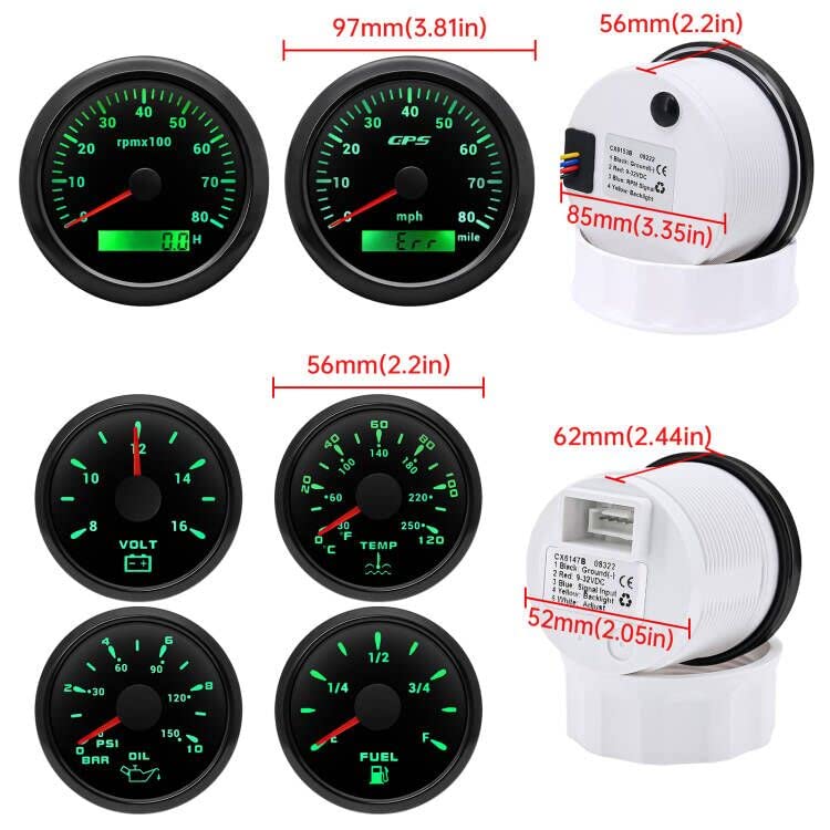 ARTILAURA 6 Gauge Set-GPS Speedometer, Tachometer, Fuel Level, Water Temperature, Oil Pressure, Voltage 7 Color Backlight Boat Gauges Set Marine Car (All Black) - Image 2
