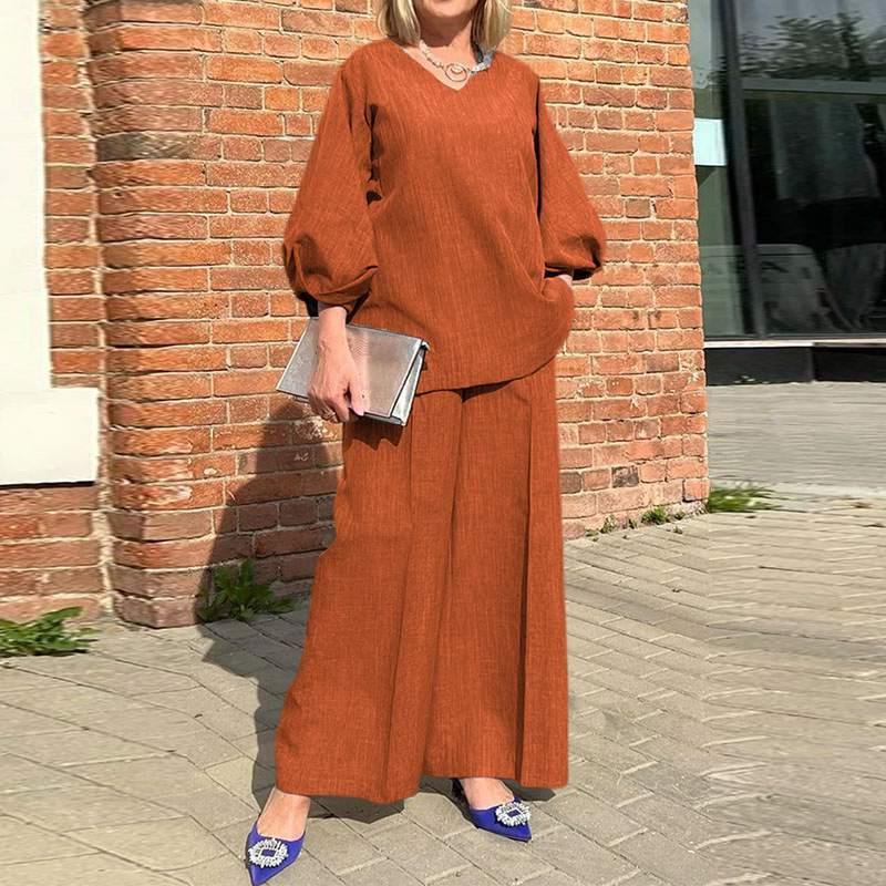 Casual Loose Clothing Fashion 2 Piece Trousers Set Womens Puff Sleeves Stylish Waist Solid Color Top and Pants suit Orange - Image 1