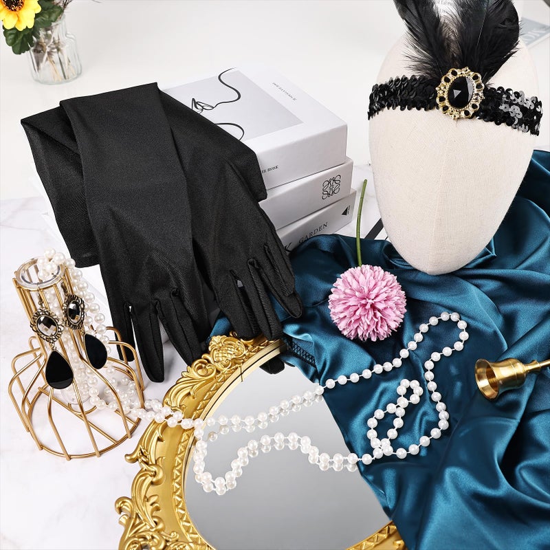 FeelfunFeather Women 1920s Flapper Set,Roaring 20s Headband Headpiece Costume Accessories with Necklace Earrings Gloves for Halloween Party Cosplay(Black-7) - Image 4