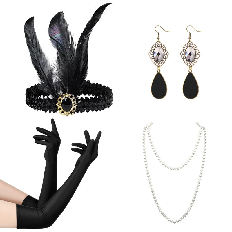 FeelfunFeather Women 1920s Flapper Set,Roaring 20s Headband Headpiece Costume Accessories with Necklace Earrings Gloves for Halloween Party Cosplay(Black-7) - Image 1