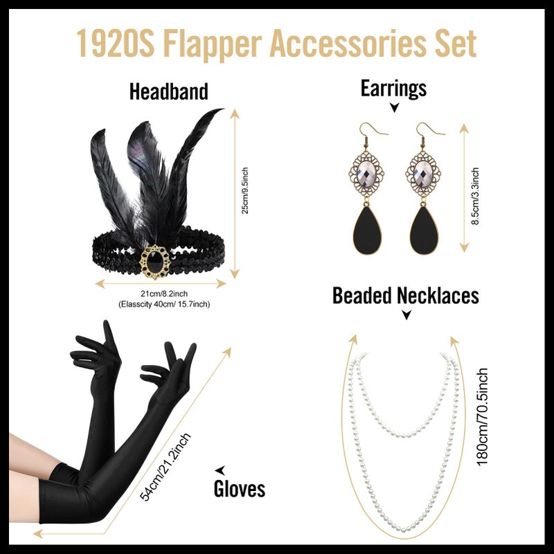 FeelfunFeather Women 1920s Flapper Set,Roaring 20s Headband Headpiece Costume Accessories with Necklace Earrings Gloves for Halloween Party Cosplay(Black-7) - Image 2