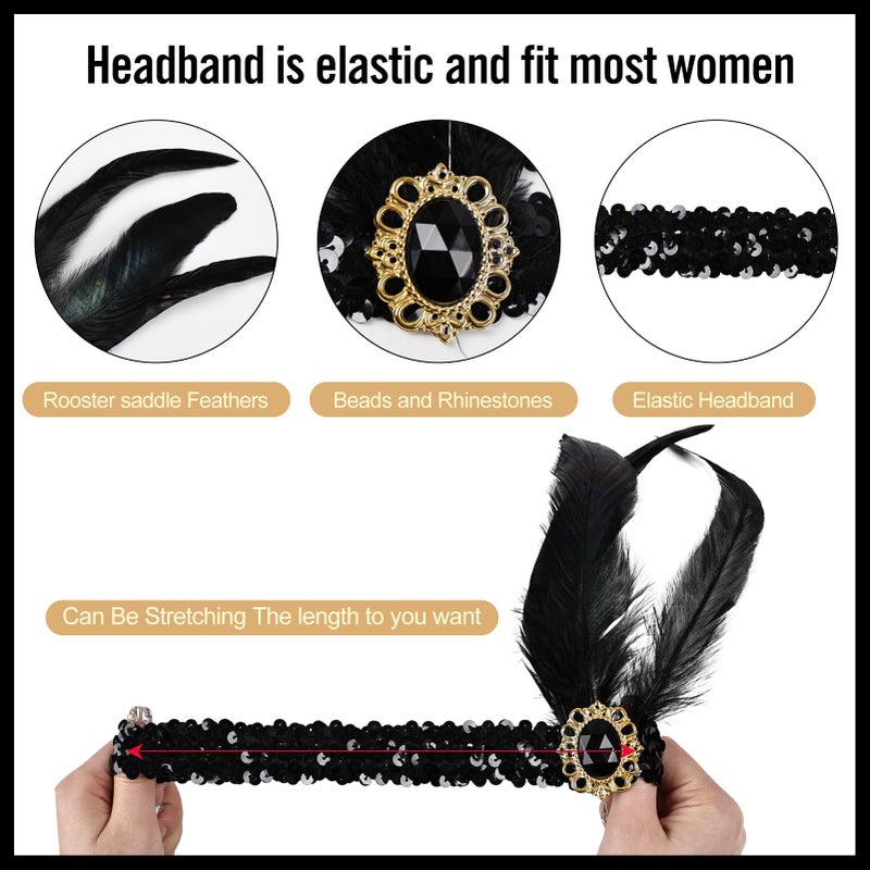 FeelfunFeather Women 1920s Flapper Set,Roaring 20s Headband Headpiece Costume Accessories with Necklace Earrings Gloves for Halloween Party Cosplay(Black-7) - Image 3
