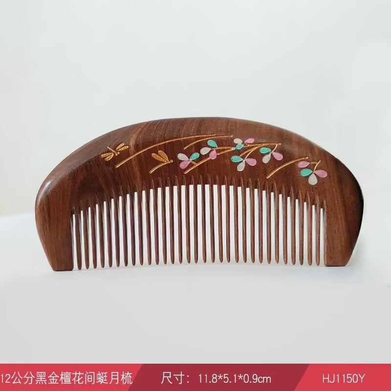 Generic Ebony Wood Comb Painted Massage Medium-Tooth 12cm moon comb between flowers