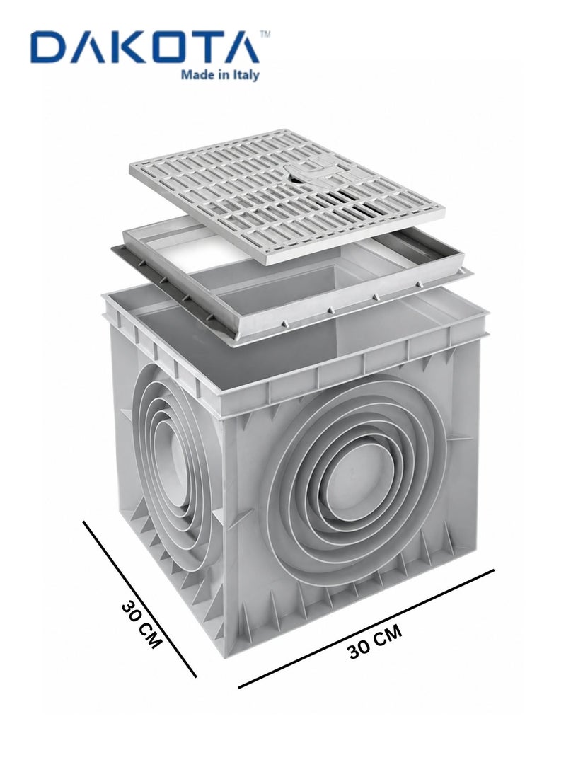 Dakota Catch Pit with Grating 30x30 cm – Polypropylene Drainage Chamber,  Four Side Pipe Connection. Avaliable Size 20x20,30x30,40x40,55x55. Made in Italy - Image 1