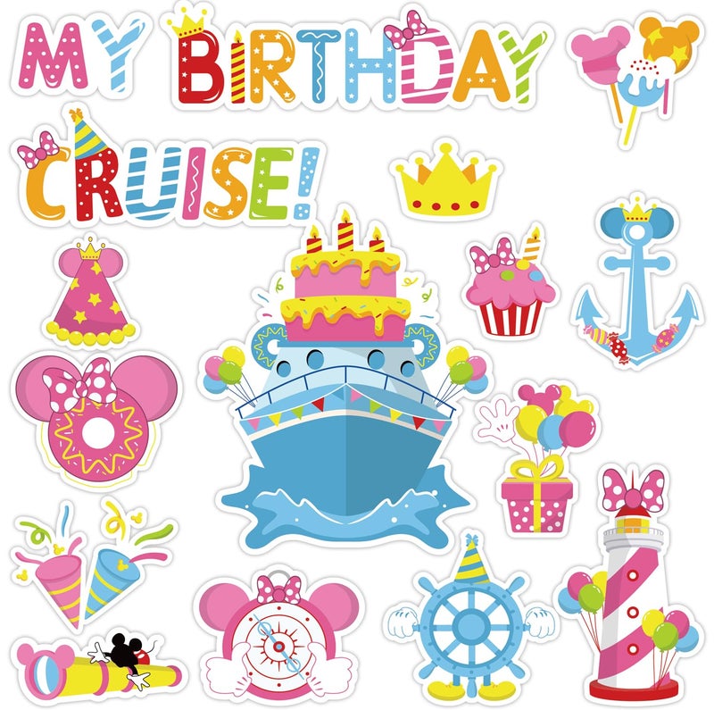 Fprl Birthday Cruise Door Magnets - 16 PCs Happy Birthday Magnet Cute Mouse Funny Magnetic Stickers for Happy Birthday Cabin Ship Carnival Refrigerator Office Car Accessories - Image 1