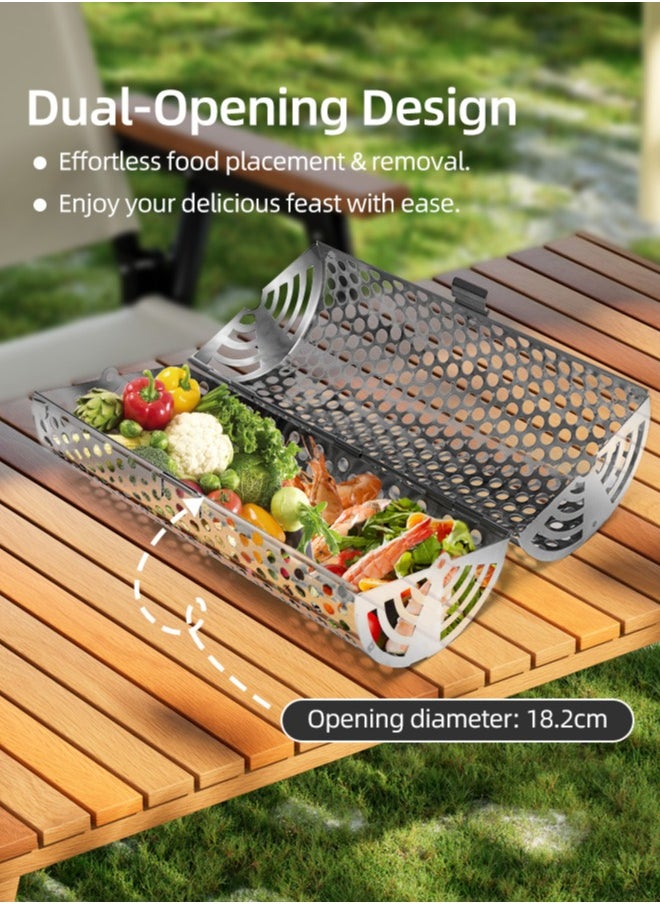 Generic Upgraded Rolling BBQ Grill Basket, 0.5mm Thick Stainless Steel, 360° Rotating, Split-Design, Durable  Convenient, Perfect for Meat, Seafood  Vegetables, with Stand, Fork, Hook  Brush, 20cm, 1 Piece  - Image 3