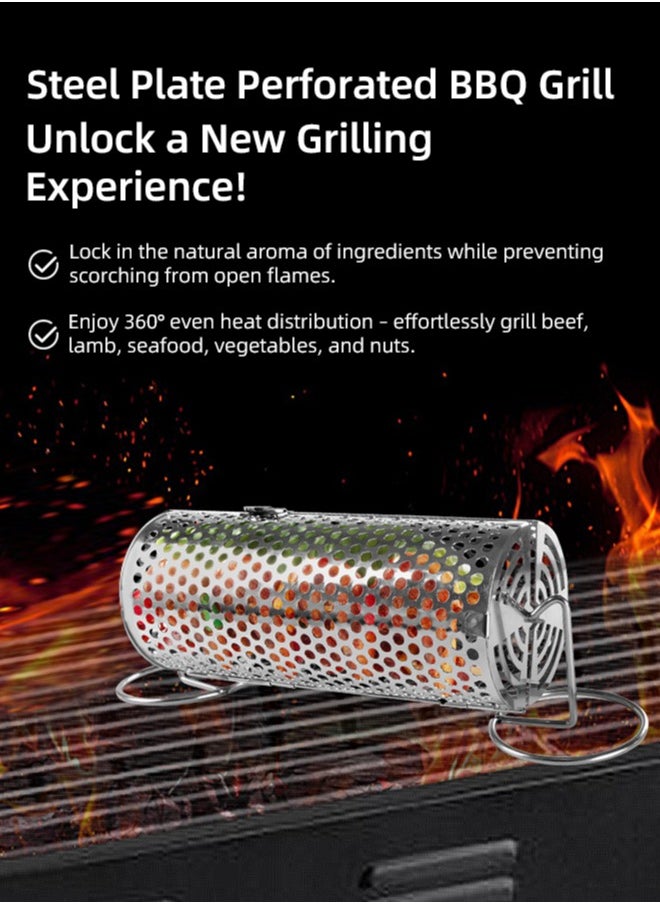 Generic Upgraded Rolling BBQ Grill Basket, 0.5mm Thick Stainless Steel, 360° Rotating, Split-Design, Durable  Convenient, Perfect for Meat, Seafood  Vegetables, with Stand, Fork, Hook  Brush, 20cm, 1 Piece  - Image 1