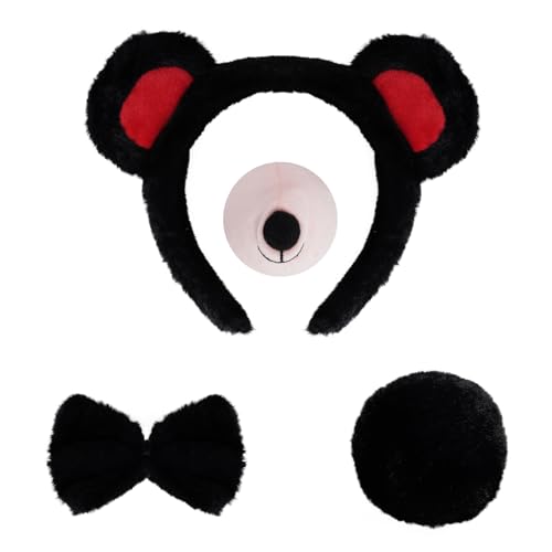 Jmkcoz 4 Pieces Bear Costume Set Bear Ears Headband and Tail Nose Bowtie for Halloween Carnival Animal Cosplay Party Black - Image 1