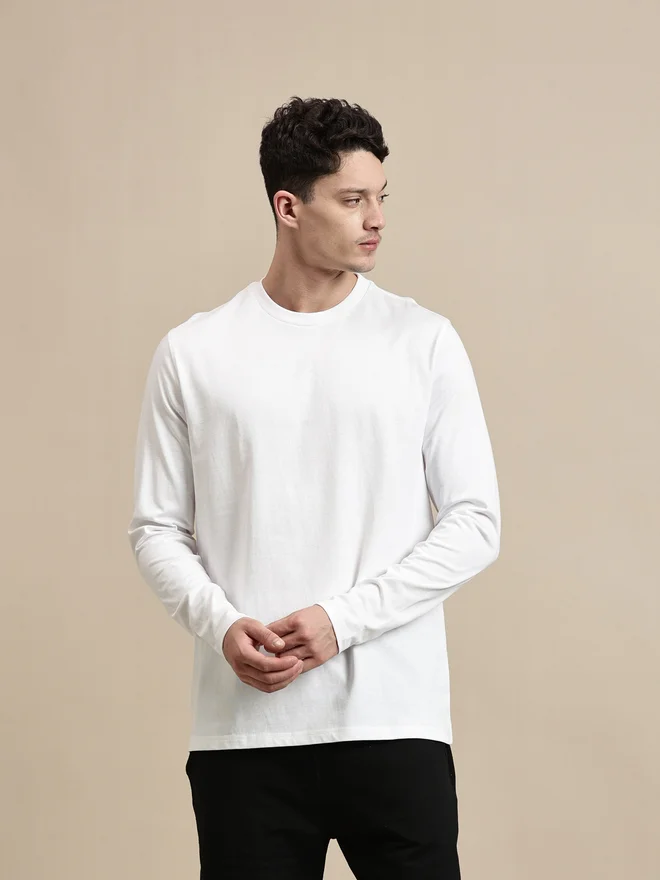 ECOLORE Men White 100% Cotton Long Sleeves Comfort Fit T-Shirt