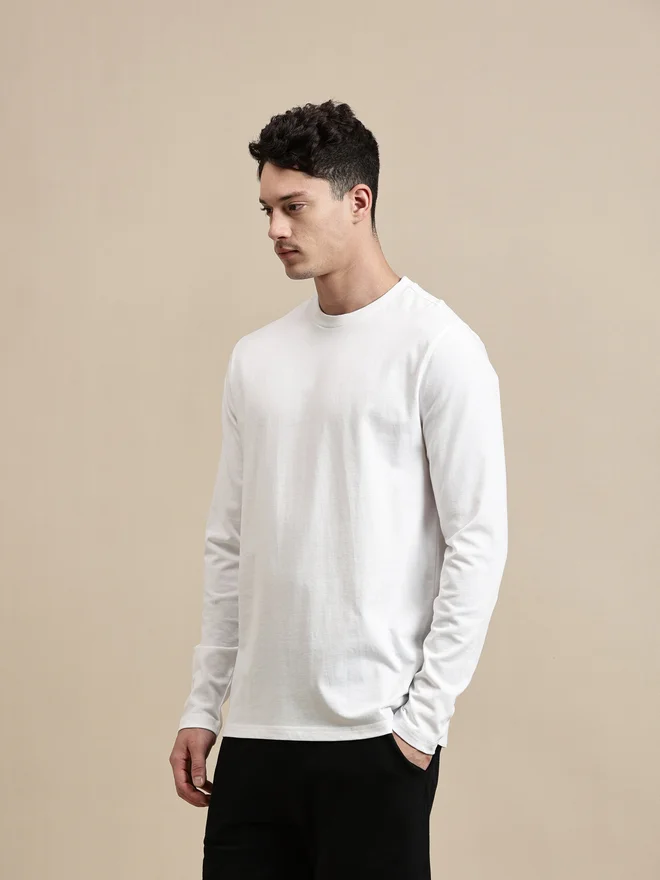 ECOLORE Men White 100% Cotton Long Sleeves Comfort Fit T-Shirt