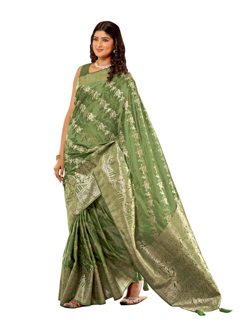 MANOHARI Women's Most Trendy Banarasi Satin Silk Woven Olive Green Saree With Heavy Jacquard Work Saree With Blouse Piece_MN2027 - Image 1