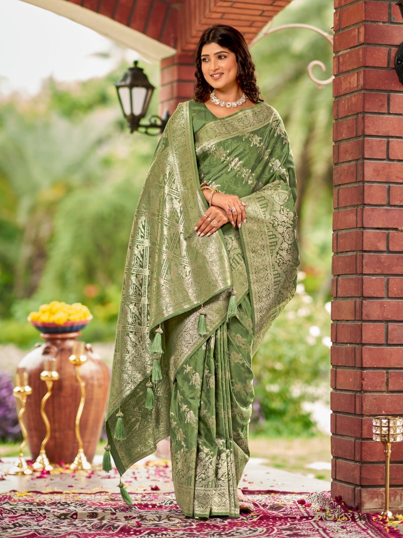 MANOHARI Women's Most Trendy Banarasi Satin Silk Woven Olive Green Saree With Heavy Jacquard Work Saree With Blouse Piece_MN2027 - Image 5