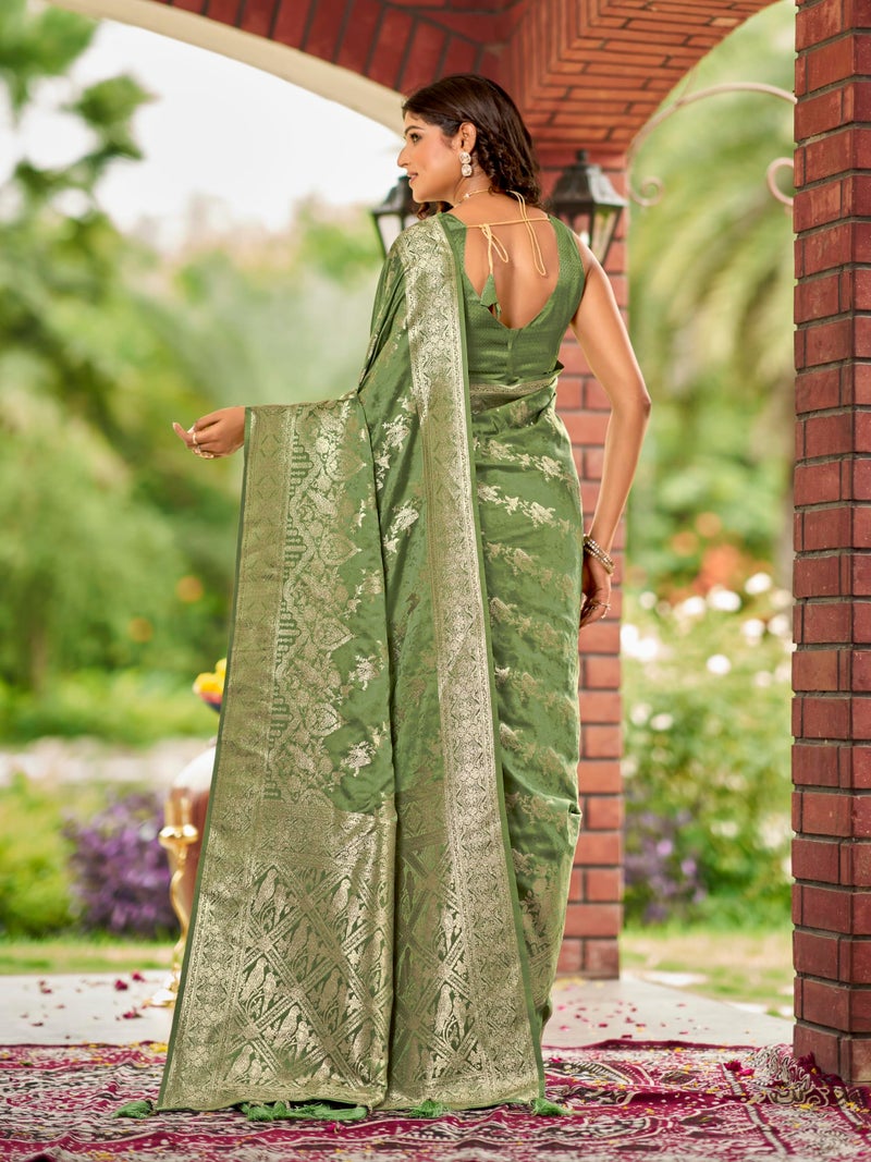 MANOHARI Women's Most Trendy Banarasi Satin Silk Woven Olive Green Saree With Heavy Jacquard Work Saree With Blouse Piece_MN2027 - Image 3
