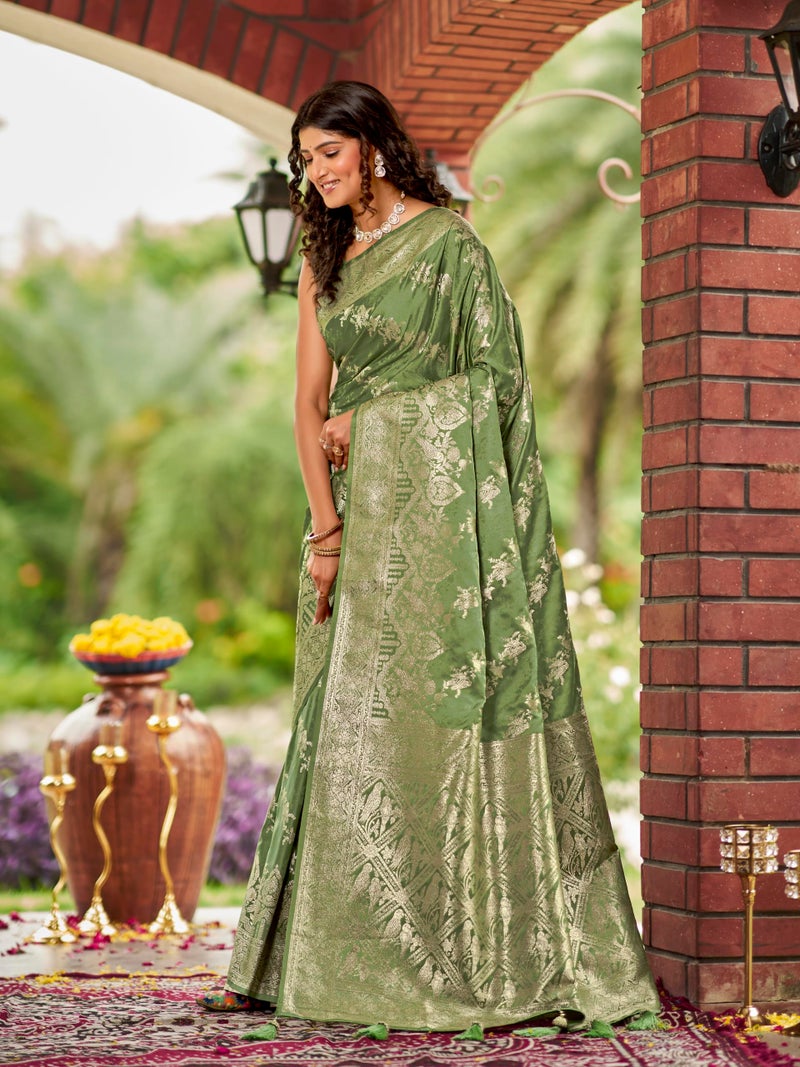 MANOHARI Women's Most Trendy Banarasi Satin Silk Woven Olive Green Saree With Heavy Jacquard Work Saree With Blouse Piece_MN2027 - Image 2