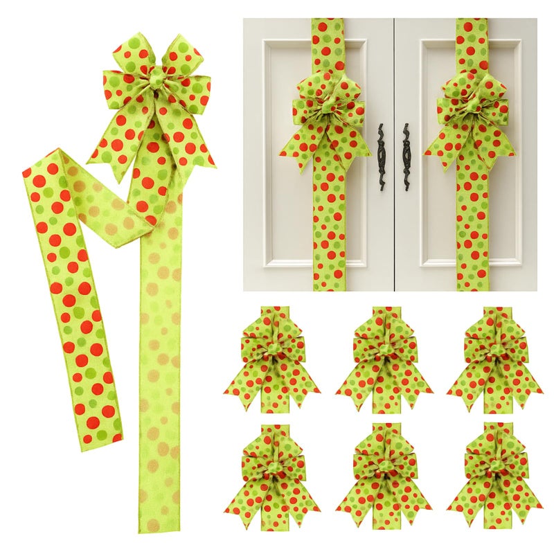 Syhood 6 Pcs Christmas Cabinet Door Bows Large Xmas Ribbons Cabinet Door Windows Bows for Christmas Festive Party Cabinets Furniture Kitchen DecorationsPolka DotsRed and Green - Image 2