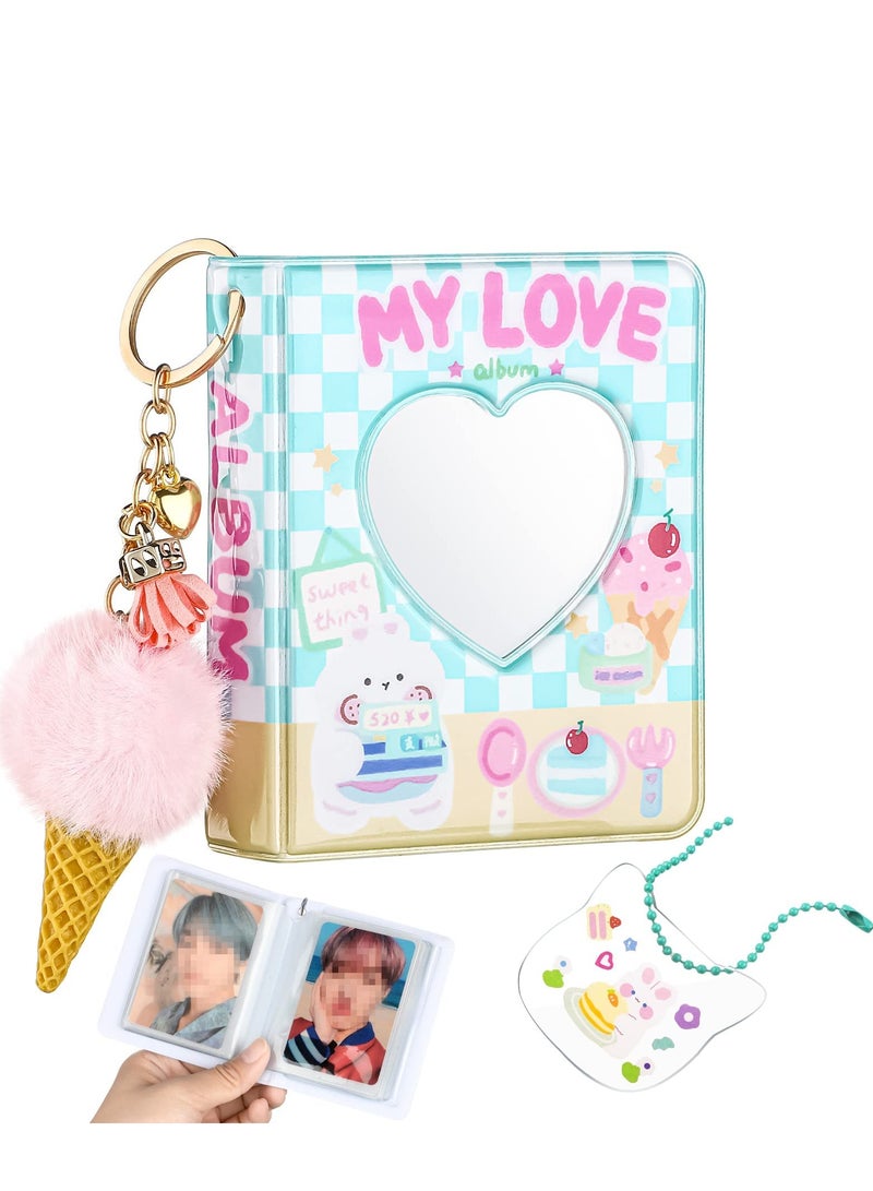 Excefore 3 Inch Mini Photo Album Set Kpop Photocard Holder Book Binder With Pendant And Diy Keychian For Collecting Picture, 40 Pockets(Heart, Ice Cream) - Image 1