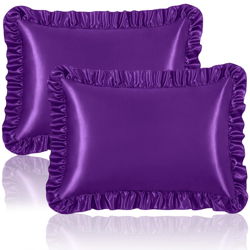 Homiest Ruffle Satin Pillowcase for Hair and Skin  Queen Size Satin Pillow Covers Silky Pillow Cases Set of 2  Satin Ruffled Pillowcase with Envelope Closure  Anti Wrinkle Pillow Shams (Purple) - Image 1