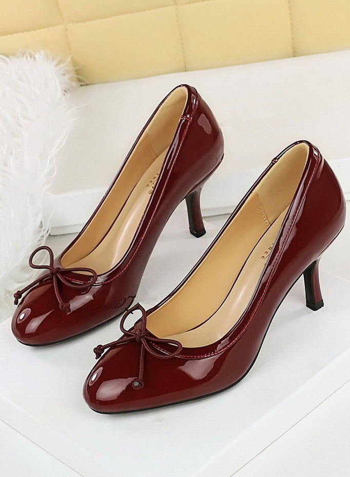 بيج تري المرأة مغلقة مستديرة إصبع القدم الكعب العالي براءة اختراع الجلد مضخات الحزب النبيذ الأحمر 7CM - Image 1