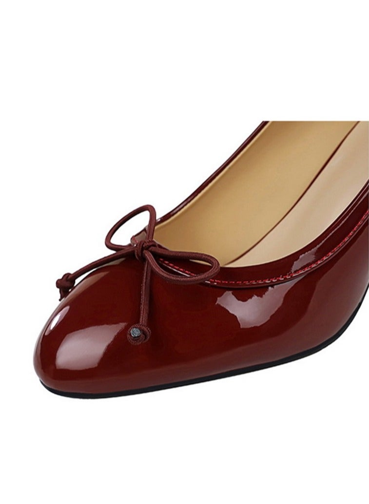 بيج تري المرأة مغلقة مستديرة إصبع القدم الكعب العالي براءة اختراع الجلد مضخات الحزب النبيذ الأحمر 7CM - Image 3