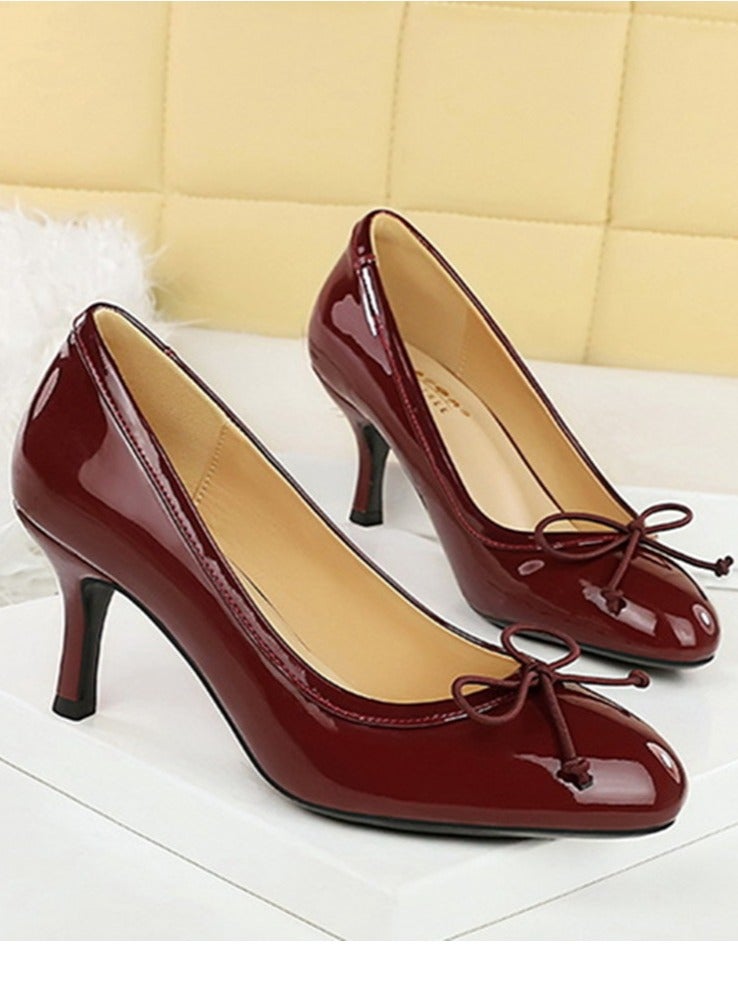 بيج تري المرأة مغلقة مستديرة إصبع القدم الكعب العالي براءة اختراع الجلد مضخات الحزب النبيذ الأحمر 7CM - Image 2