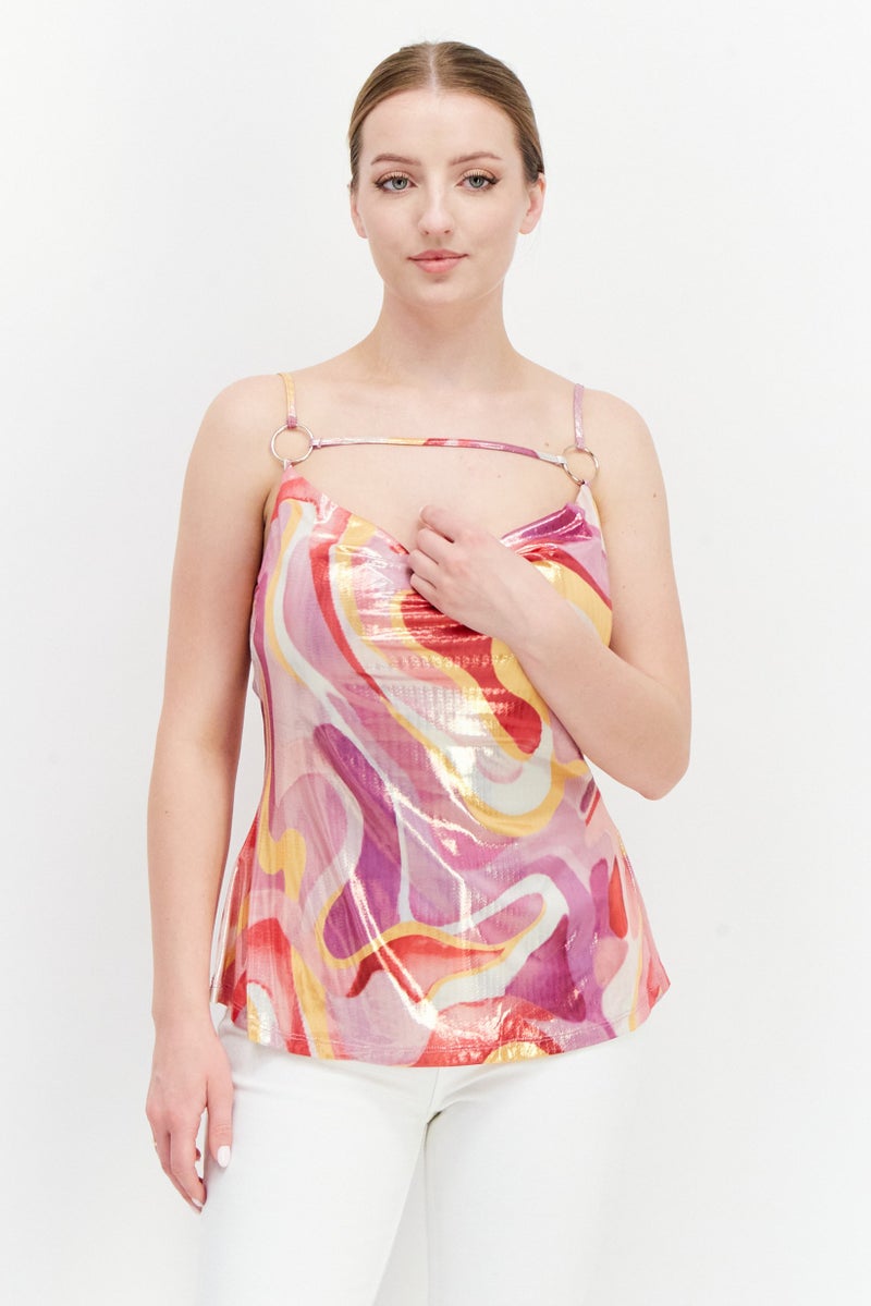 RIVER ISLAND Women Square Neck Sleeveless Abstract Print Tank Top, Pink Combo - Image 1