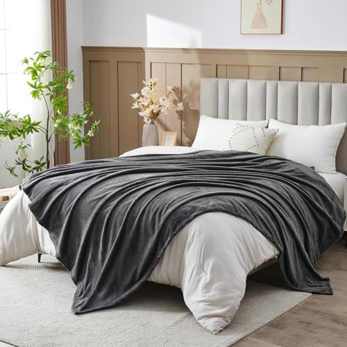NEWCOSPLAY Super Soft King Blanket Dark Grey Premium Silky Flannel Fleece Leaves Pattern Lightweight Bed Blanket All Season Use Dark Grey King90x110