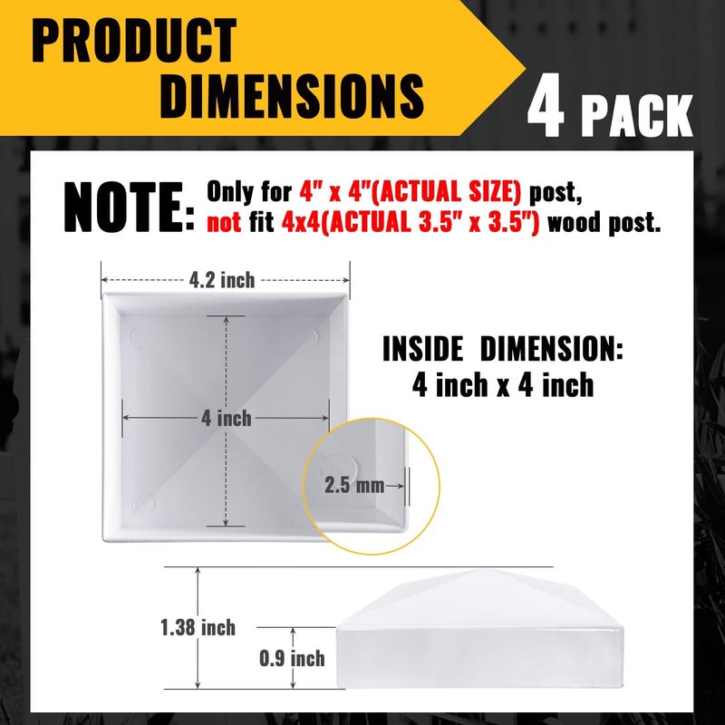 VIVIDA 4" x 4" Fence Post Caps, Pyramid PVC Vinyl Post Caps (Actual 4" x 4"), Waterproof Deck Top Cover for Vinyl Fence, Lamp, Deck, Mailbox, White, 4 Pack - Image 5