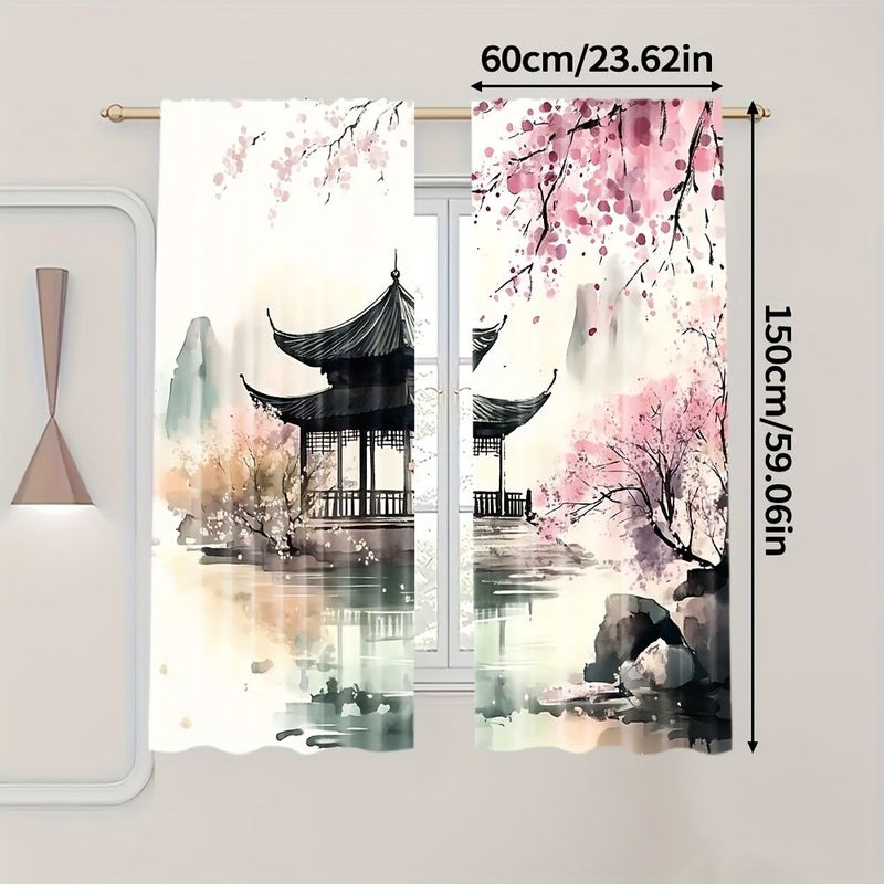 2 Pcs 60x150cm All Season Chinese Ink Painting Style Curtains 100 Percent Polyester Rod Pocket Design for Bedroom Living Room Office Home Decoration - Image 3