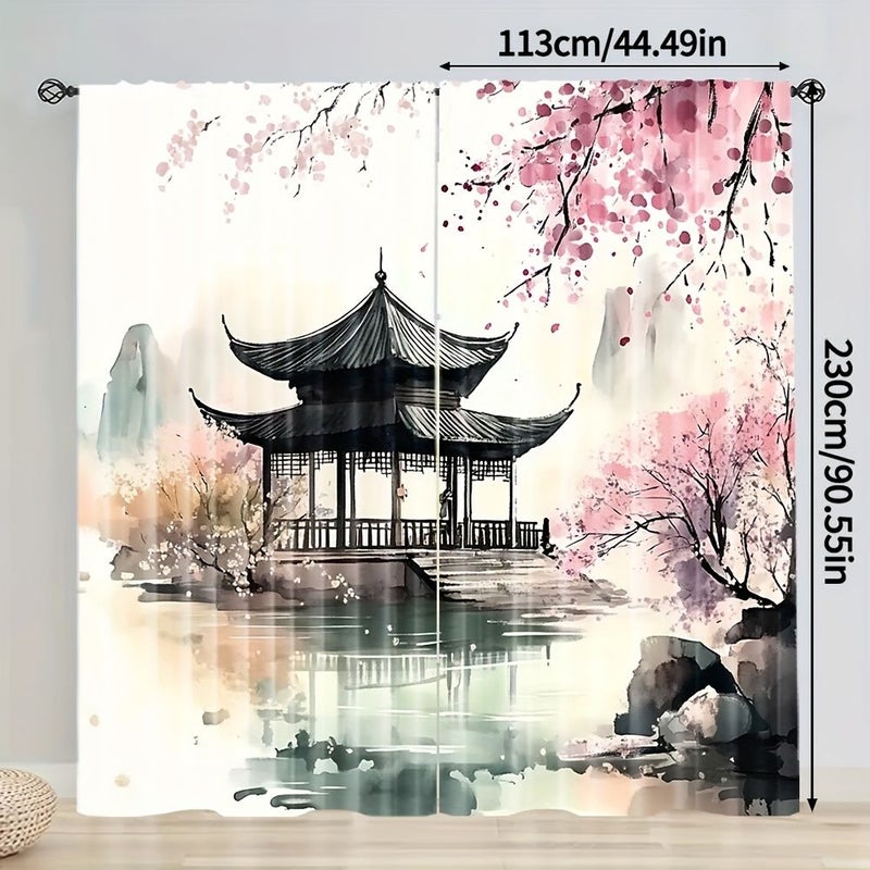 2 Pcs 60x150cm All Season Chinese Ink Painting Style Curtains 100 Percent Polyester Rod Pocket Design for Bedroom Living Room Office Home Decoration - Image 5