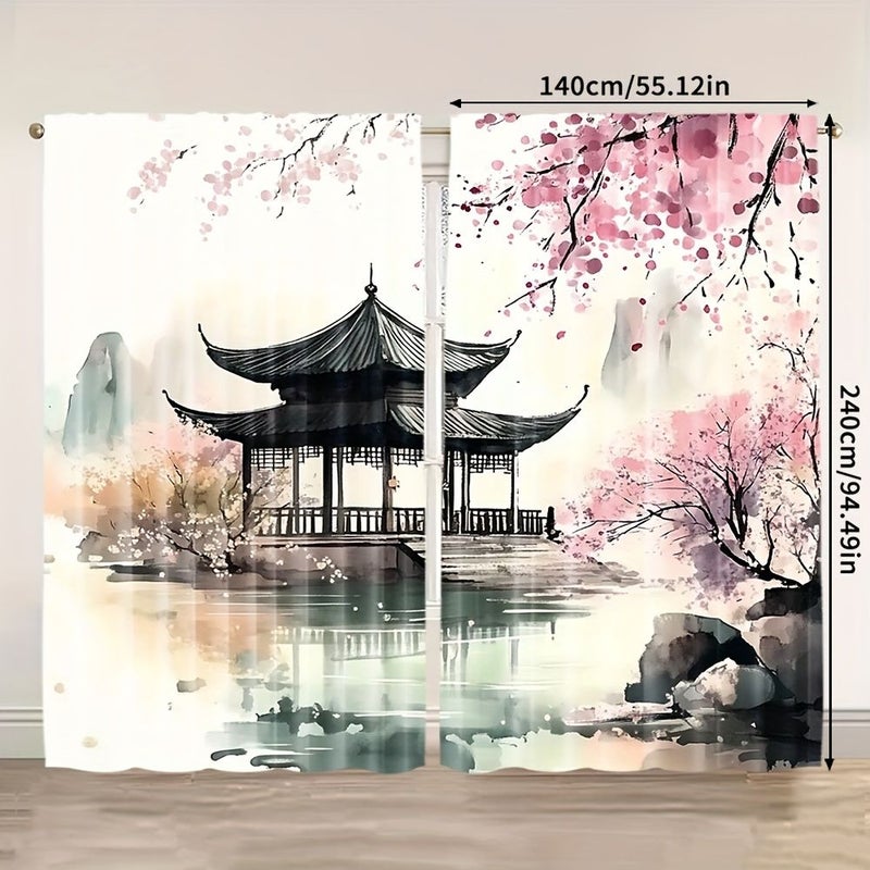 2 Pcs 60x150cm All Season Chinese Ink Painting Style Curtains 100 Percent Polyester Rod Pocket Design for Bedroom Living Room Office Home Decoration - Image 4