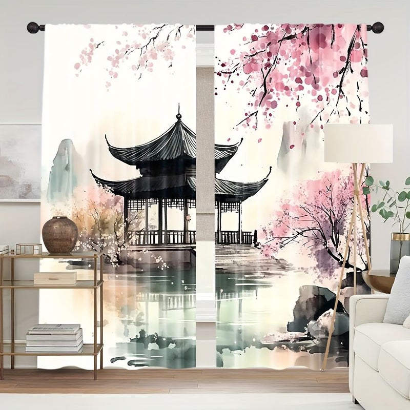 2 Pcs 60x150cm All Season Chinese Ink Painting Style Curtains 100 Percent Polyester Rod Pocket Design for Bedroom Living Room Office Home Decoration - Image 1