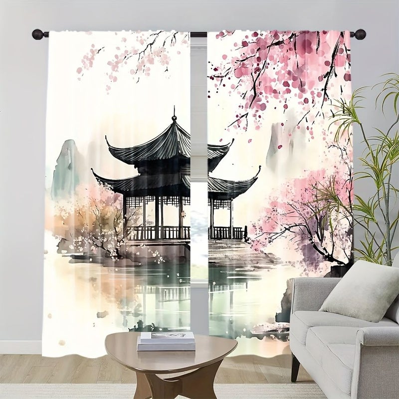 2 Pcs 60x150cm All Season Chinese Ink Painting Style Curtains 100 Percent Polyester Rod Pocket Design for Bedroom Living Room Office Home Decoration - Image 2