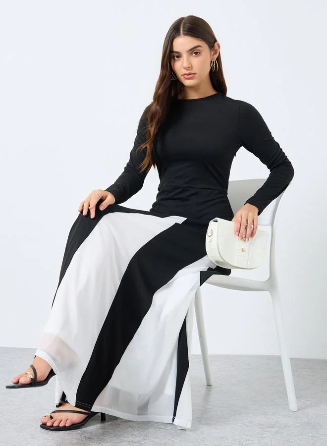 Styli Color Block Long Sleeves A-Line Maxi Dress