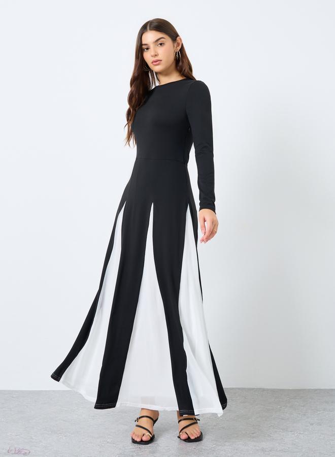 ستايلي فستان طويل بنمط كتل الألوان بأكمام طويلة - Image 2