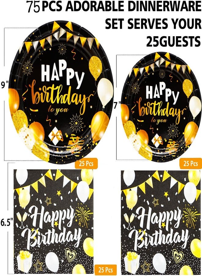 HSPAIDYP 75Pcs Black & Gold Party Supplies - Happy Birthday Set with 9" Plates, Napkins for 30th-80th Anniversary Decor - Image 3