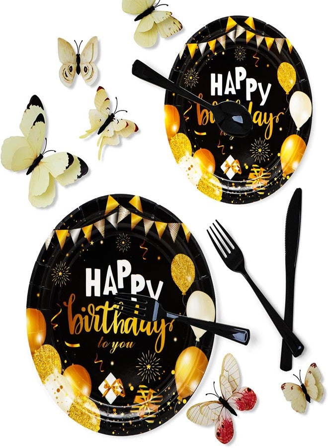 HSPAIDYP 75Pcs Black & Gold Party Supplies - Happy Birthday Set with 9" Plates, Napkins for 30th-80th Anniversary Decor - Image 2
