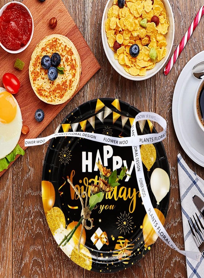 HSPAIDYP 75Pcs Black & Gold Party Supplies - Happy Birthday Set with 9" Plates, Napkins for 30th-80th Anniversary Decor - Image 5