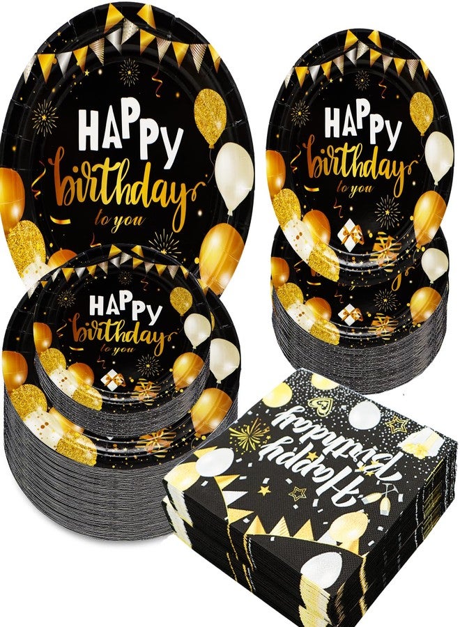 HSPAIDYP 75Pcs Black & Gold Party Supplies - Happy Birthday Set with 9" Plates, Napkins for 30th-80th Anniversary Decor - Image 1