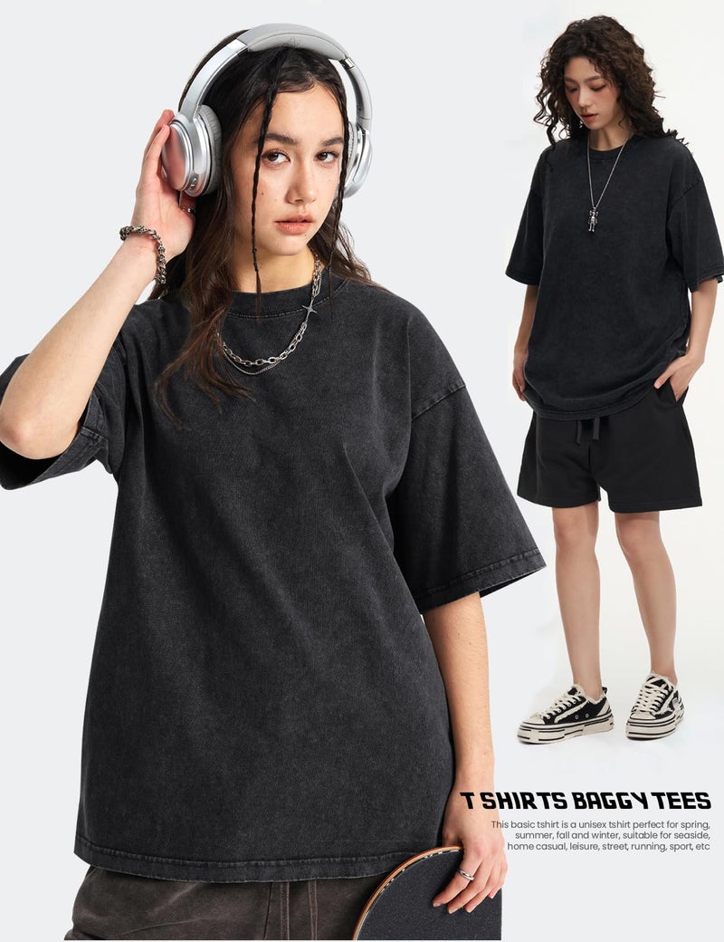 Yimoon Women's 4 Pack Oversized T-Shirts Acid Wash Boyfriend Cotton Teen Shirt Loose Fit Vintage Unisex Streetwear Tops(BlackGreyKhakiBeige-S) - Image 4