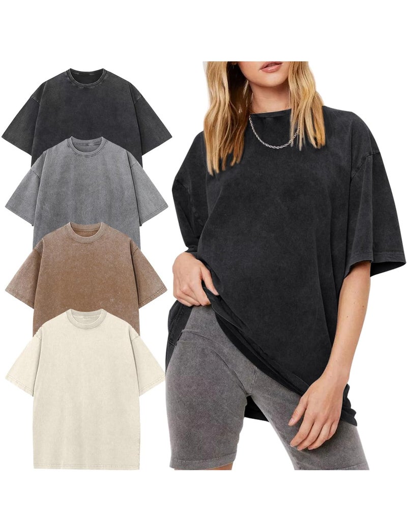Yimoon Women's 4 Pack Oversized T-Shirts Acid Wash Boyfriend Cotton Teen Shirt Loose Fit Vintage Unisex Streetwear Tops(BlackGreyKhakiBeige-S) - Image 1