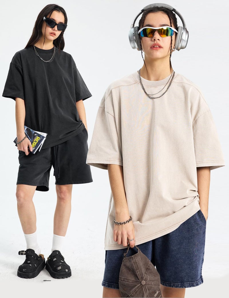 Yimoon Women's 4 Pack Oversized T-Shirts Acid Wash Boyfriend Cotton Teen Shirt Loose Fit Vintage Unisex Streetwear Tops(BlackGreyKhakiBeige-S) - Image 3