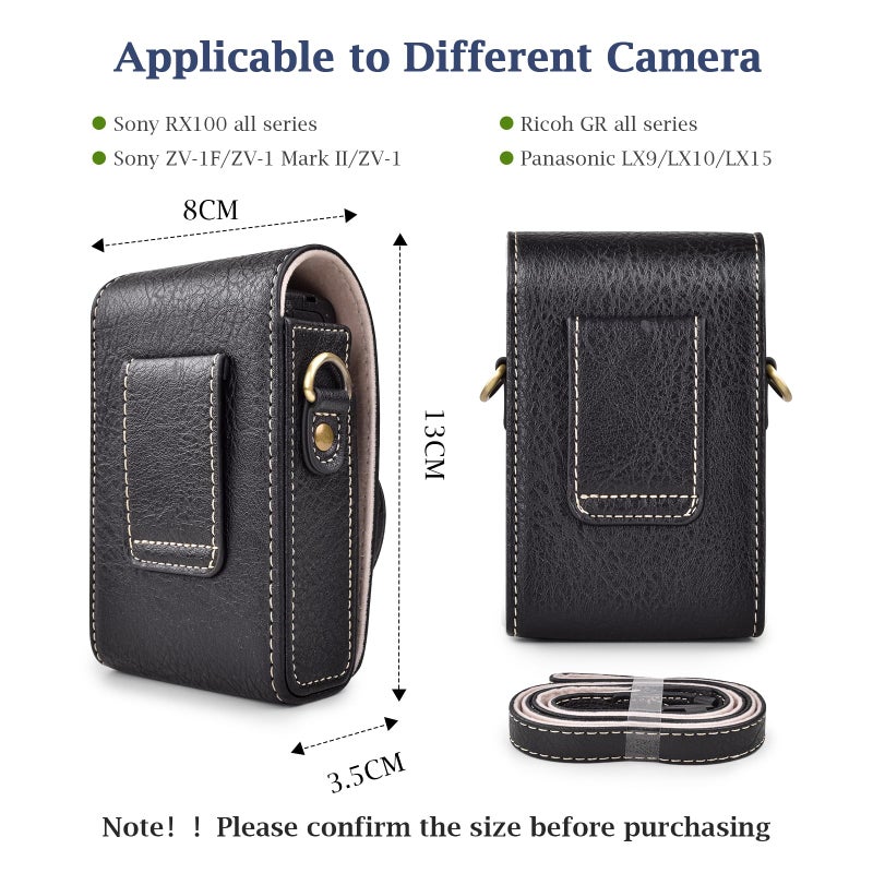 Rieibi Camera Case for Sony RX100 Series - Retro Leather Case for Sony ZV1F/ZV1/Ricoh GR IIIx/Ricoh GR III II/Panasonic LX9 LX10 LX15 - Sony Camera Carrying Bag Cover with Strap - Black - Image 3