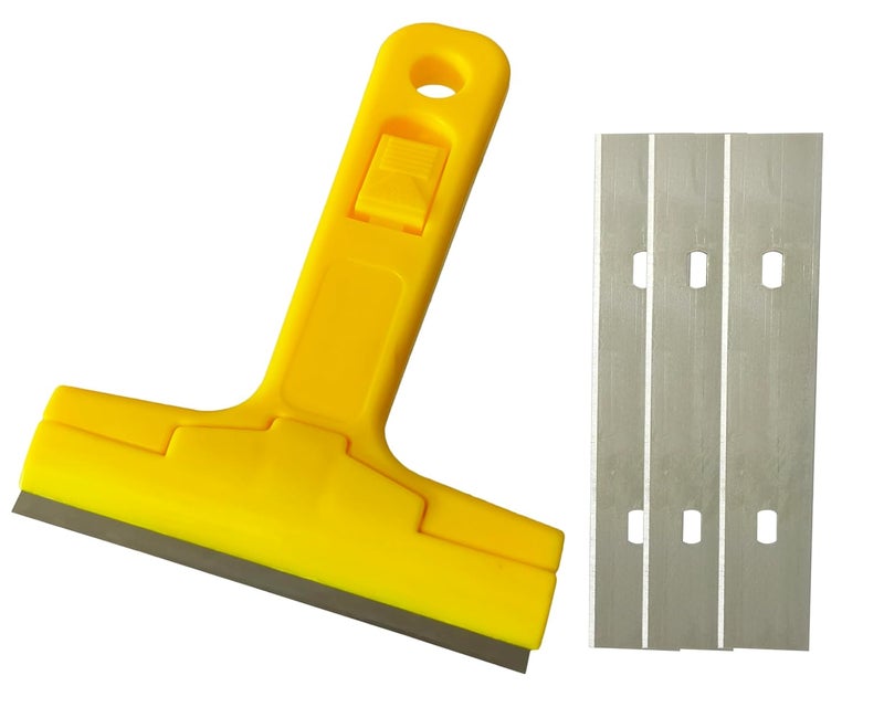 Inditrust Razor Portable Scrapper and 3 Blade with ABS Plastic Handle Tool to Remove Silicone & Paint Stains Floor Tile Grout Remover Mirror Glass Window Cleaning Device Wiper Scraper, Yellow - Image 1