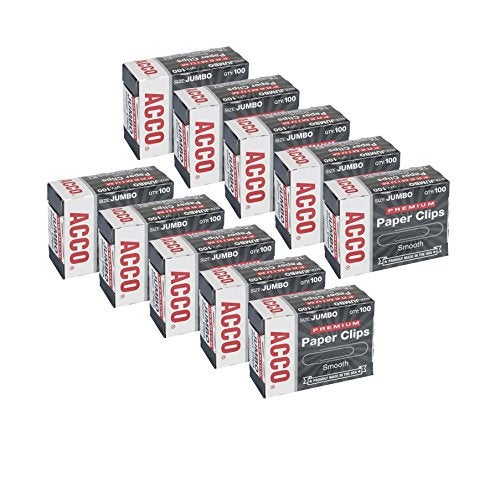 ACCO Premium Jumbo Paper Clips Smooth Finish 100 Paper Clips Per Box Pack of 10 Boxes 72500
