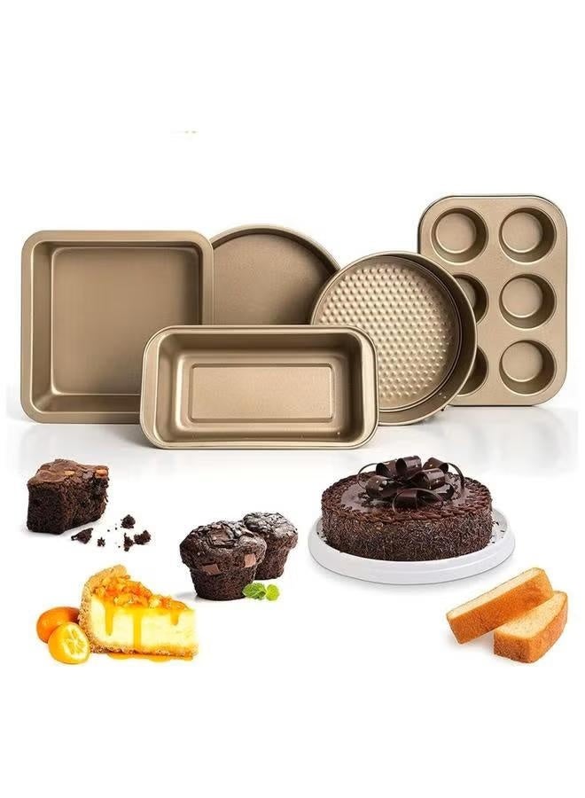 Nonstick Bakeware Set 5 PCS Baking Toast Mold,8 inch Cake Mold,8 inch Pizza bBaking Tray，Square Baking Tray,Liulian Cake Mold，6-Cup Muffin Pan Carbon Steel Baking Trays Oven Trays for Bakers Beginners - Image 1