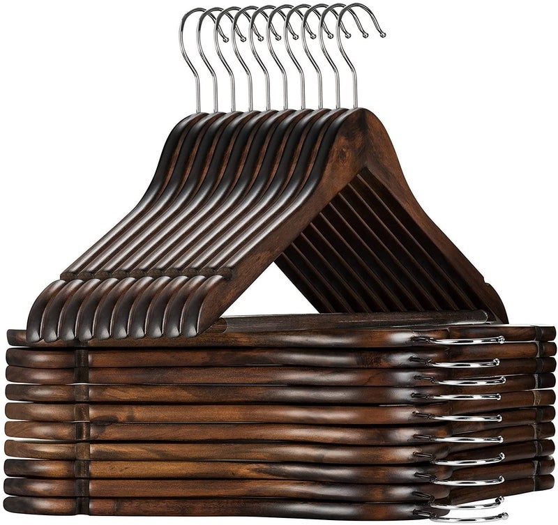 WHISKET Solid Wood Hangers,Premium Wood Hangers with 360-Degree Rotatable Hook and Notches, Natural, Heavy Duty Wood Hangers for Coats, Suits, Jackets, Closet (Walnut) [Pack of 6] - Image 1