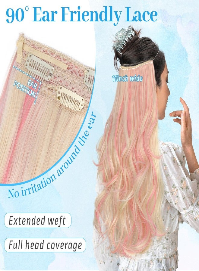 KooKaStyle Invisible Wire Hair Extensions 20"Long Wavy Layered Synthetic Clip in with Transparent Wire Adjustable Size 6 Secure Clips Blonde with Pink Highlights Thick Hairpieces for Women 20 Inch - Image 4