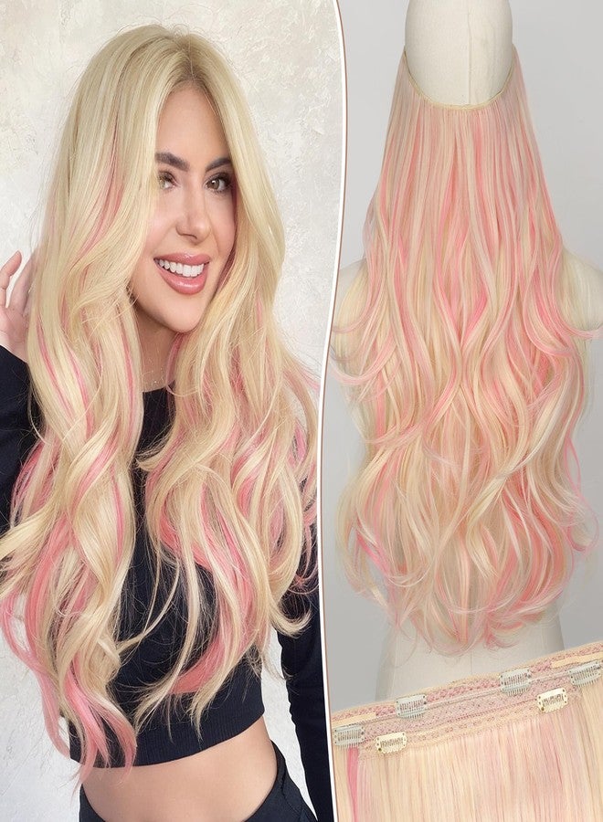 KooKaStyle Invisible Wire Hair Extensions 20"Long Wavy Layered Synthetic Clip in with Transparent Wire Adjustable Size 6 Secure Clips Blonde with Pink Highlights Thick Hairpieces for Women 20 Inch - Image 1