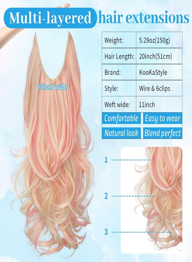 KooKaStyle Invisible Wire Hair Extensions 20"Long Wavy Layered Synthetic Clip in with Transparent Wire Adjustable Size 6 Secure Clips Blonde with Pink Highlights Thick Hairpieces for Women 20 Inch - Image 3
